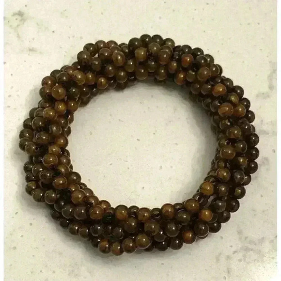 Vintage Stretch Brown Beaded Bangle Bracelet Chunky Retro Bohemian Balinese Poly - Picture 3 of 6